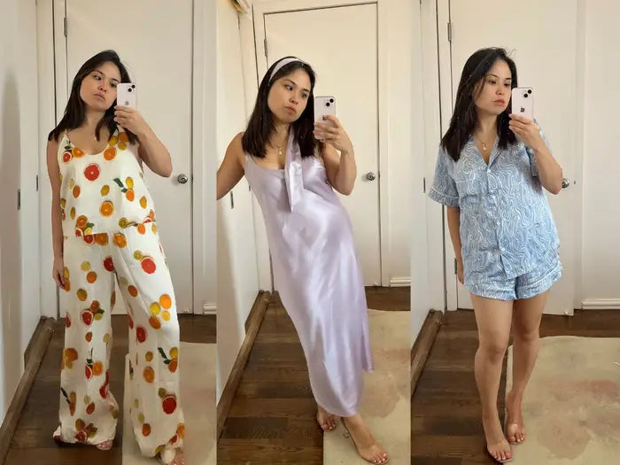 Three women modeling stylish pajama suits for women, including a fruit-print set, a lilac satin slip dress, and a printed blue shorts set.