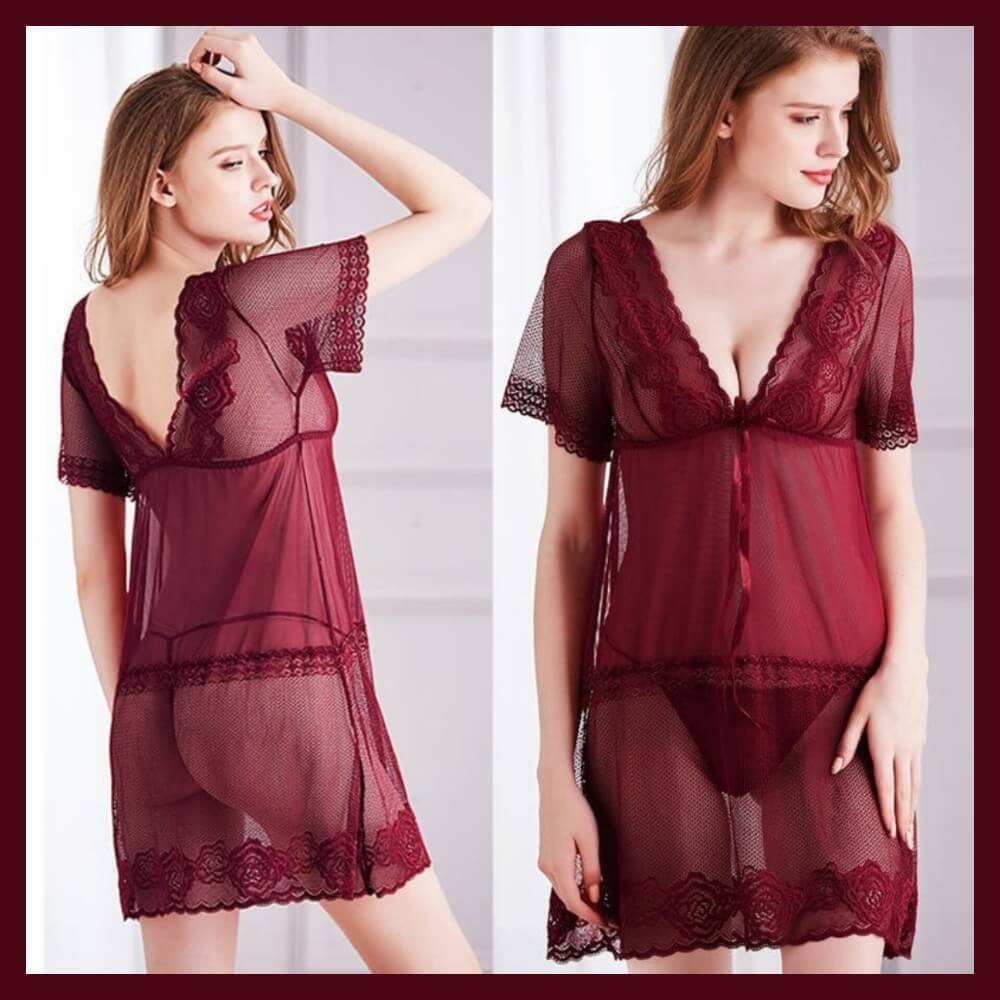 Burgundy lace see-through babydoll nightwear set featuring deep V-neck and short sleeves, showcasing a sensual and elegant lingerie design available from Lingerie Pakistan.