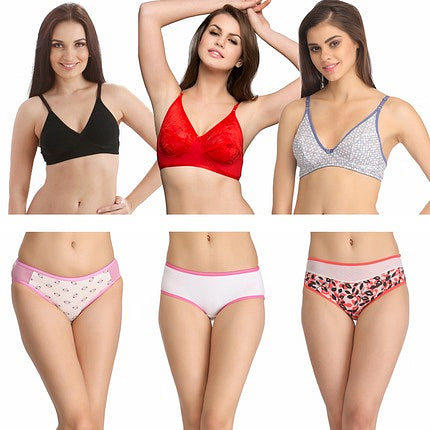 Women modeling stylish bra and panty sets in various colors and designs, showcasing comfortable and fashionable ladies undergarments.