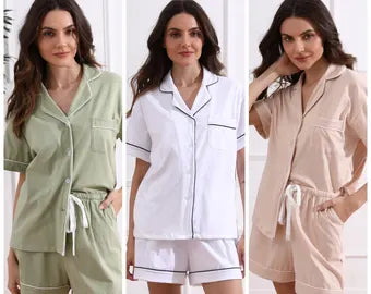 Women wearing stylish summer cotton PJ sets for women in green, white, and beige colors with short sleeves and shorts, ideal for comfortable loungewear.