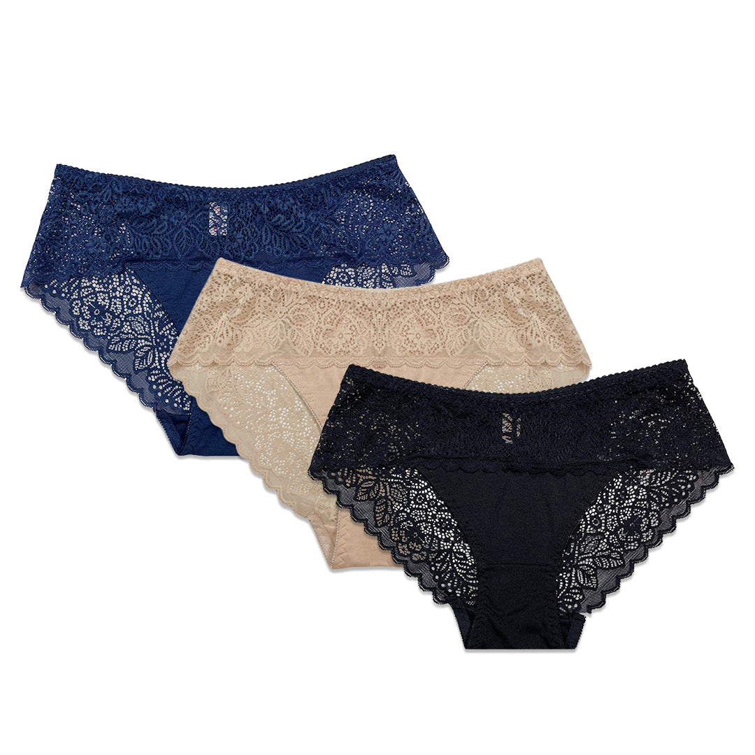 Three pairs of lace-trimmed underwear in navy, beige, and black on a white background.