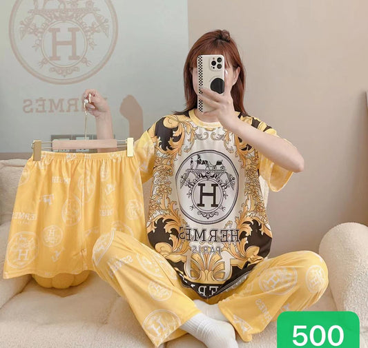 Noise Cotton 3 Piece Printed Pajama Suit Royal Yellow