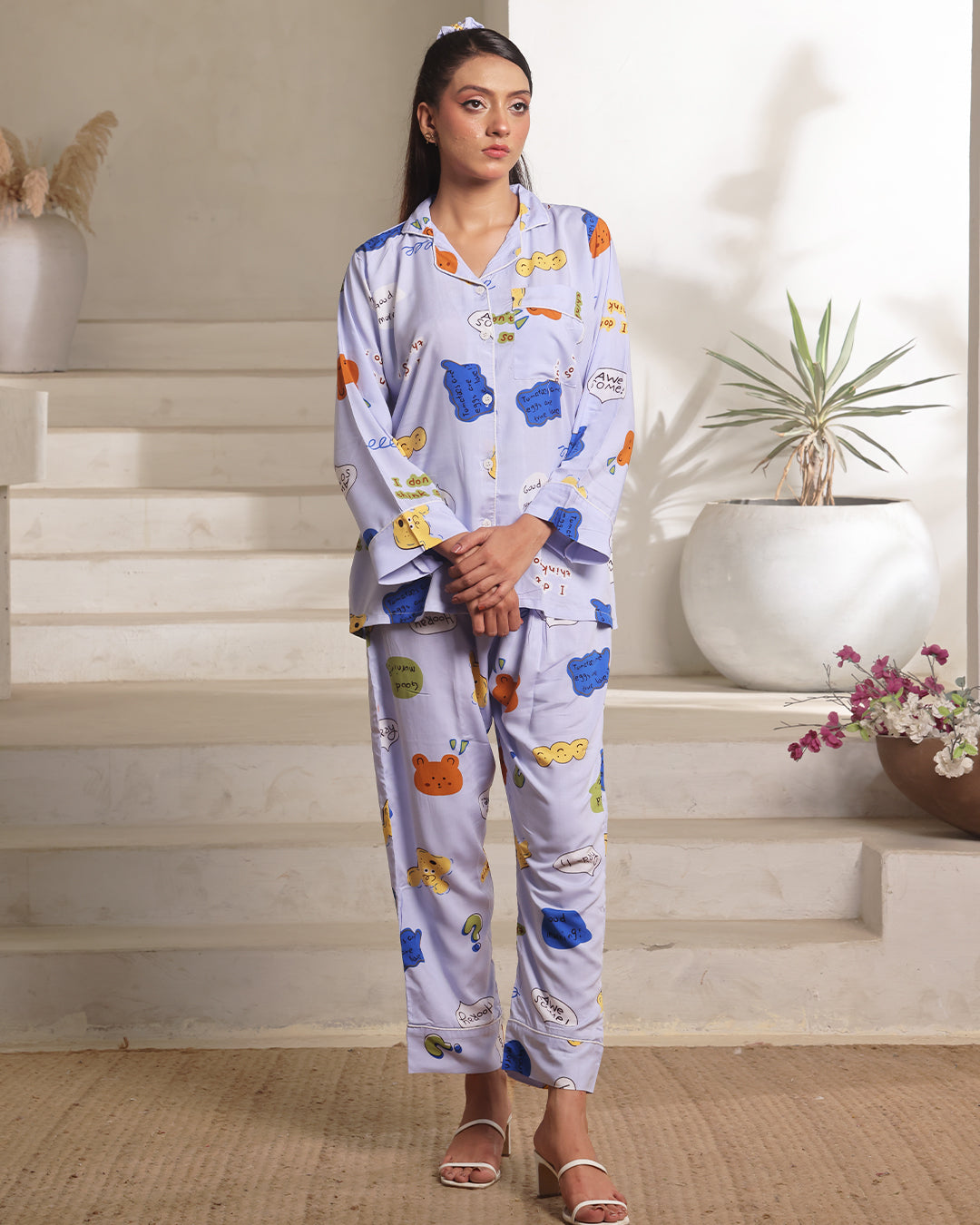 Linen Pajama Suit with Scrunchie  - Happy Snooze