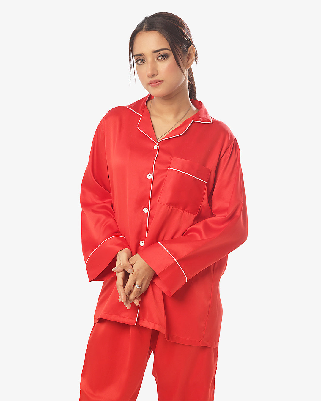 Sajiero Silk Pajama Suit with Scrunchie - Pearl