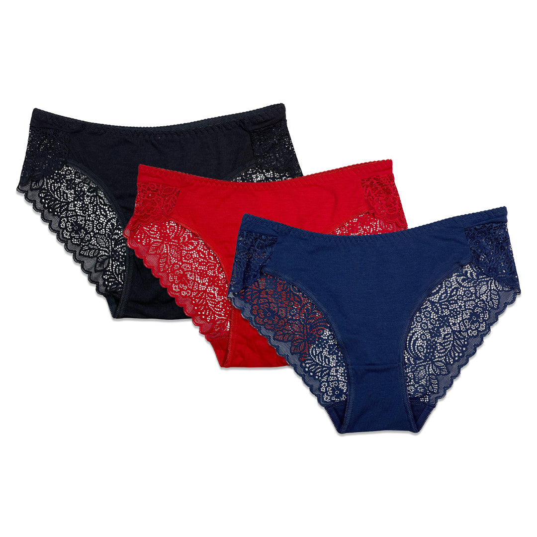 Three pairs of women's underwear with lace trim in black, red, and blue on a white background.