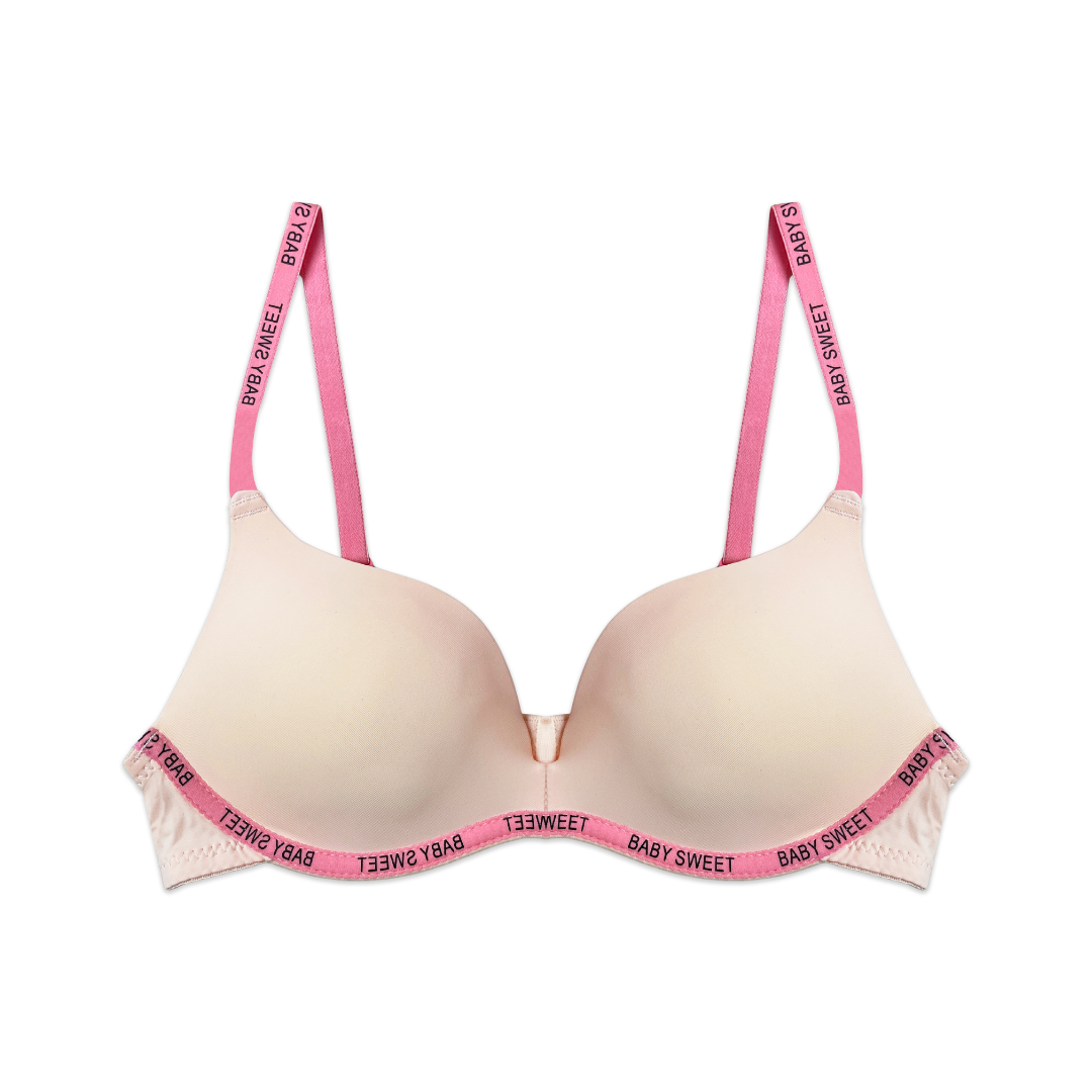 Beige bra with pink straps and 'Baby Sweet' branding on a white background