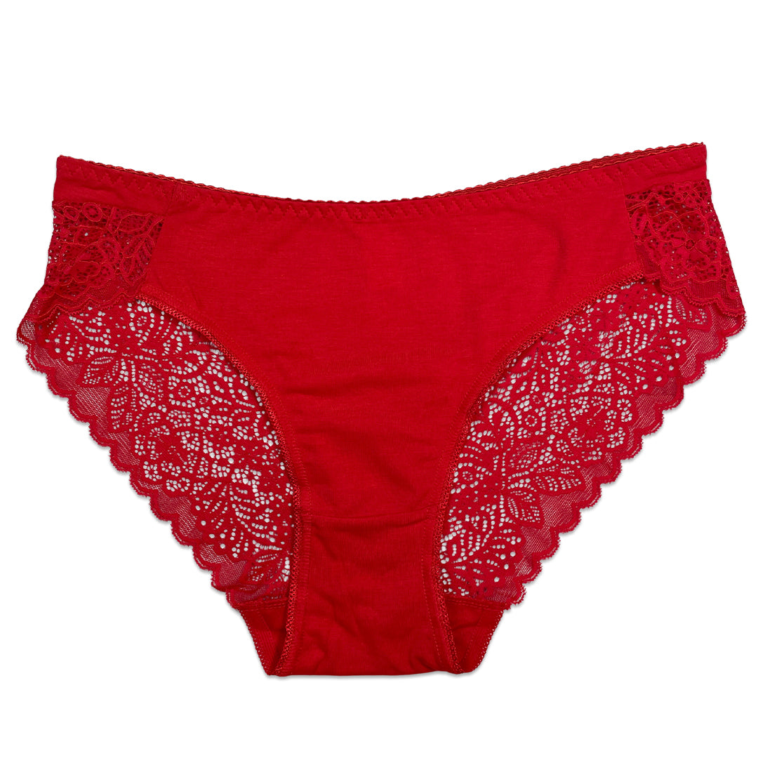 Red lace-trimmed underwear on a white background