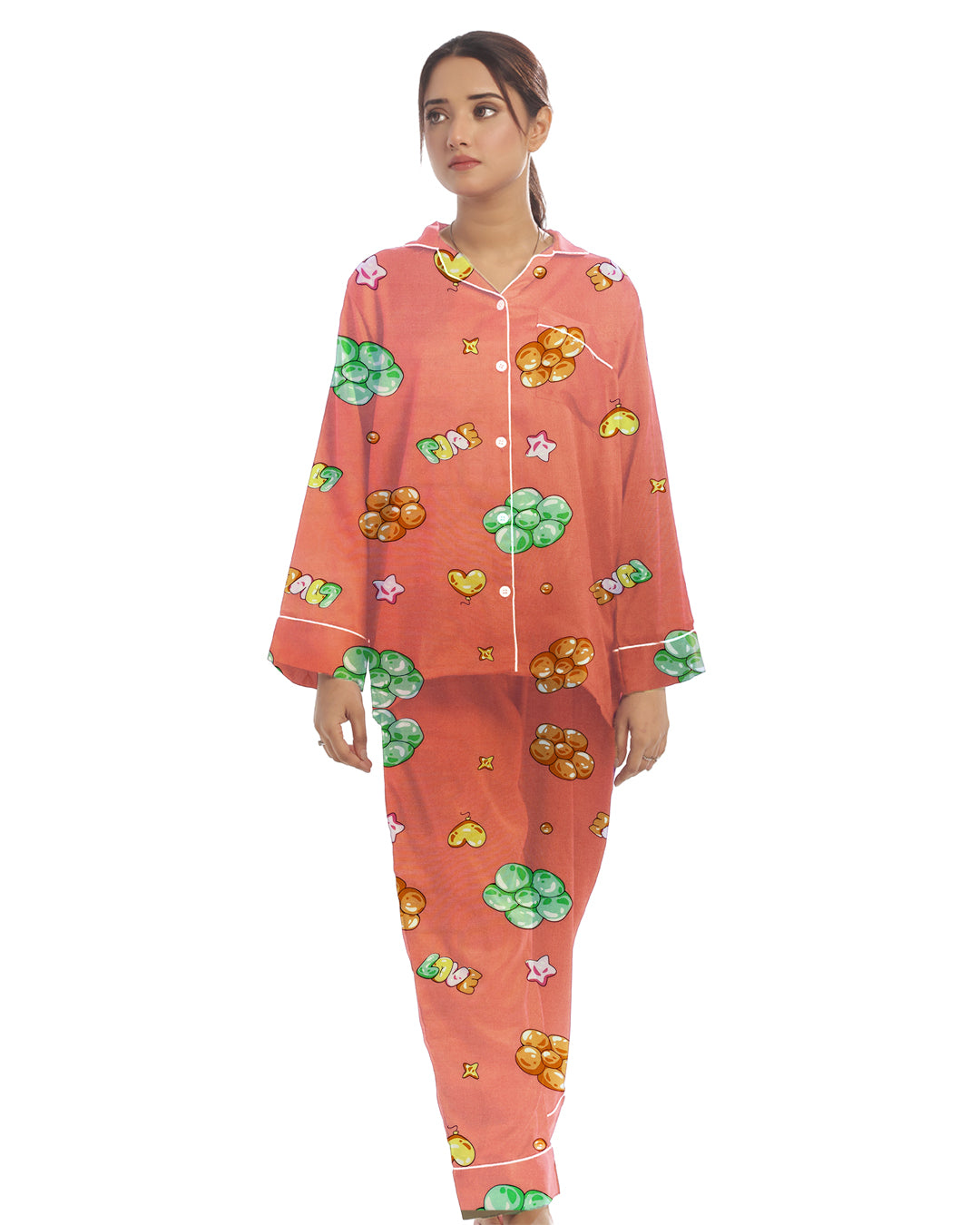 Linen Pajama Suit with Scrunchie - Peach Bliss