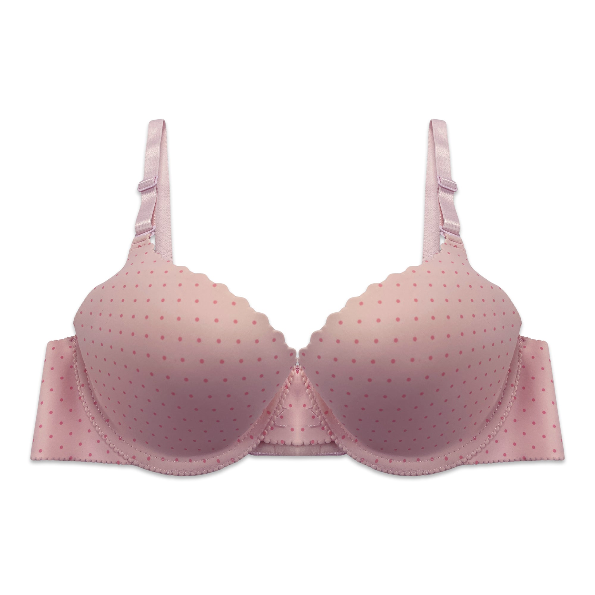 Pink polka dot bra on a white background
