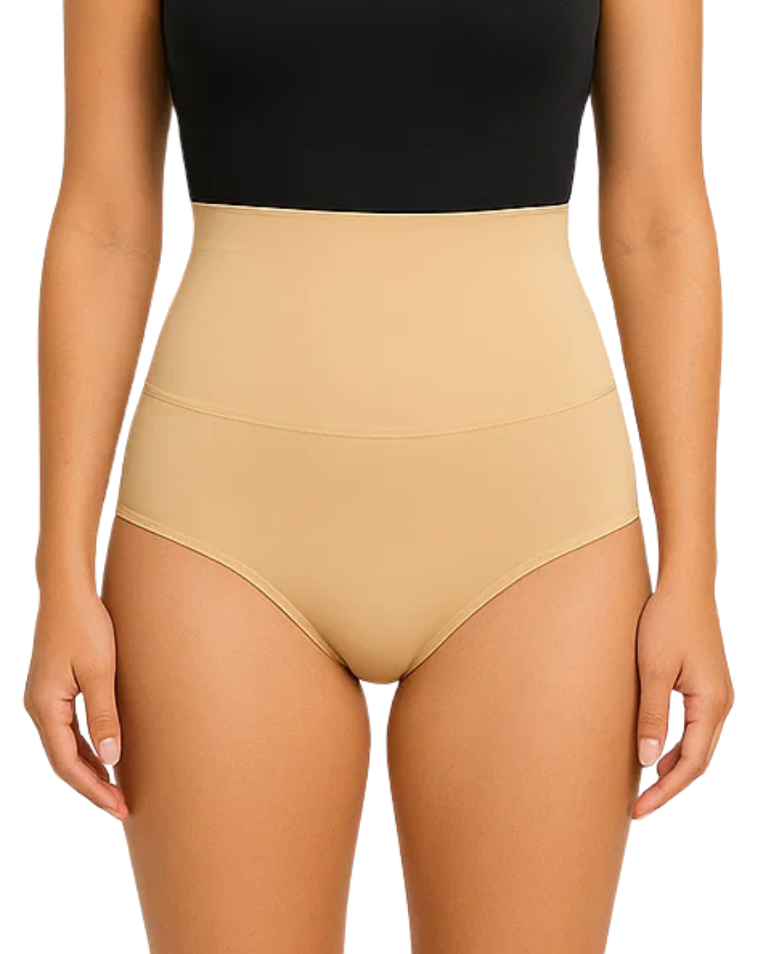 Beige high-waisted underwear worn by a person on a white background