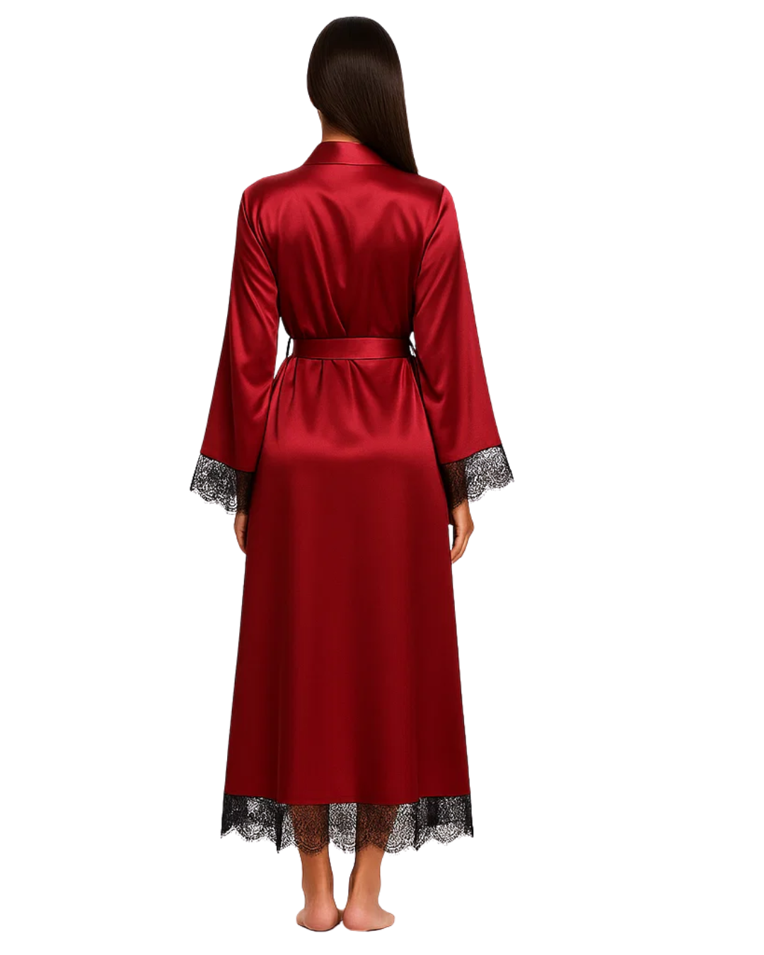 Red satin robe with lace trim on a white background