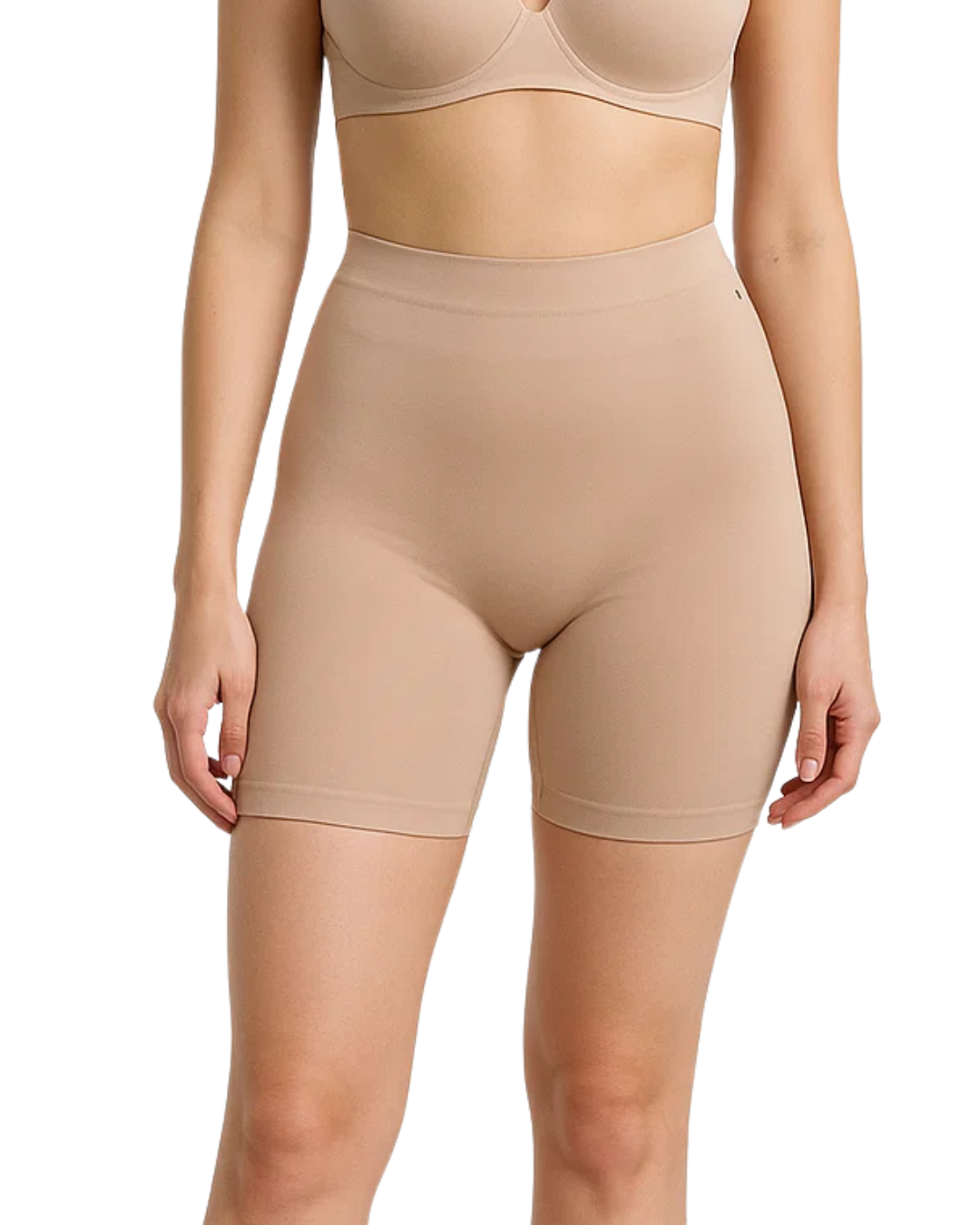 Beige shapewear shorts worn by a model on a white background