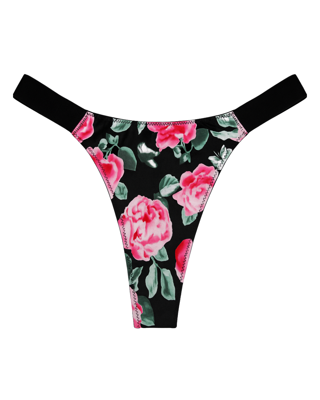 Floral-patterned underwear with pink flowers on a black background