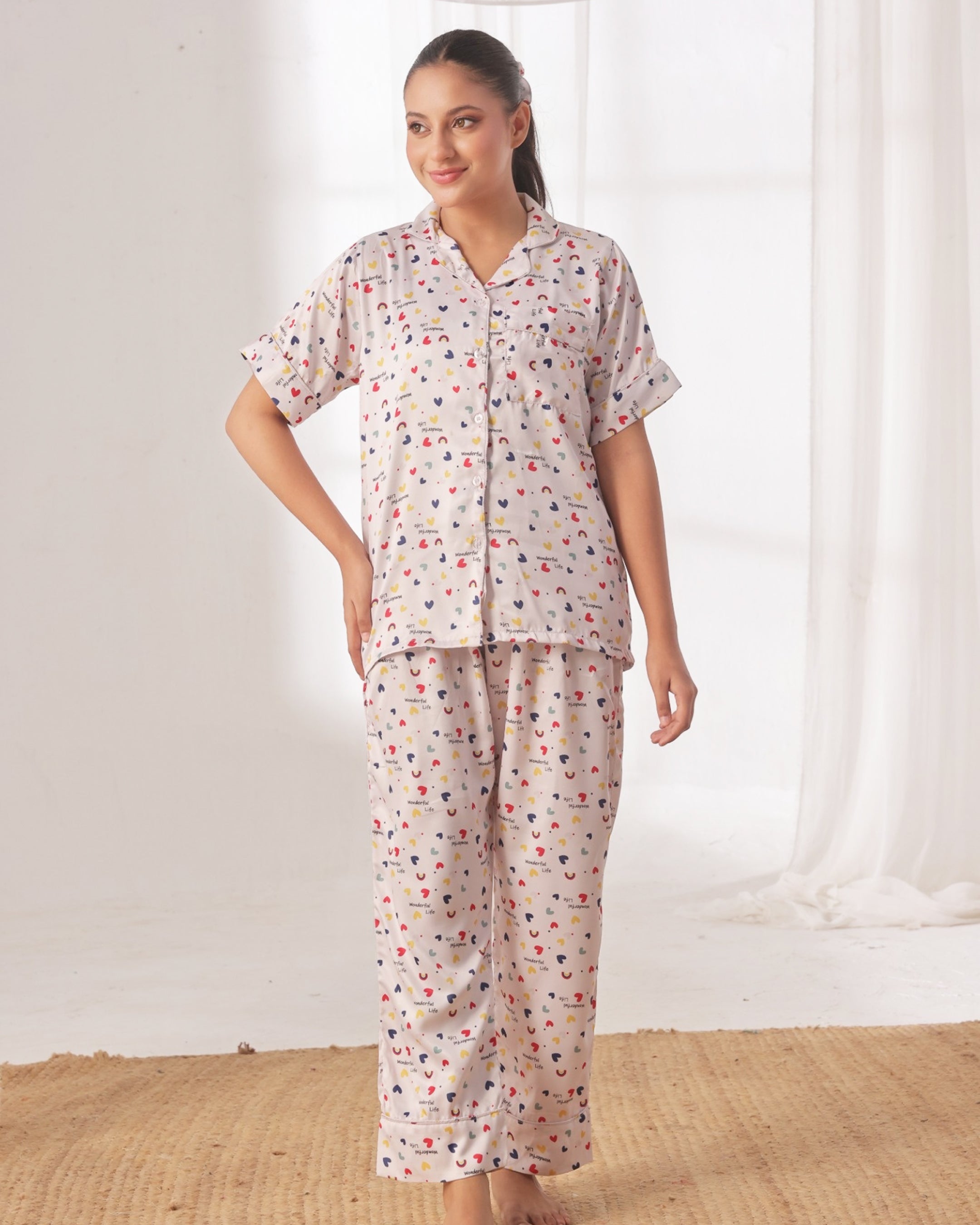Silk Pajama Suit with Scrunchie - Rainbow Bliss