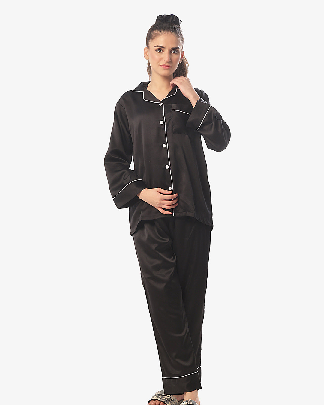 Silk Night Suit with Scrunchie - Pearl