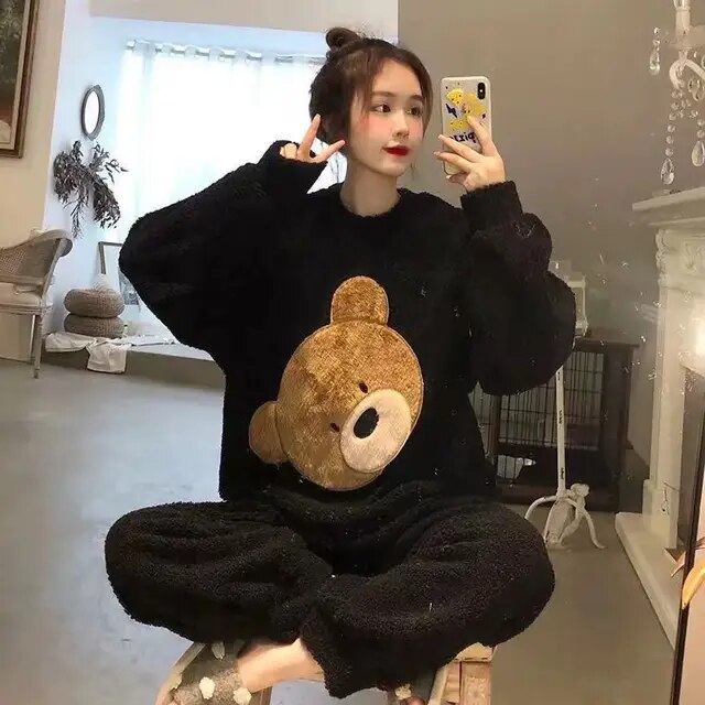 Fleece Long Sleeve Pajama Suit Black Bear