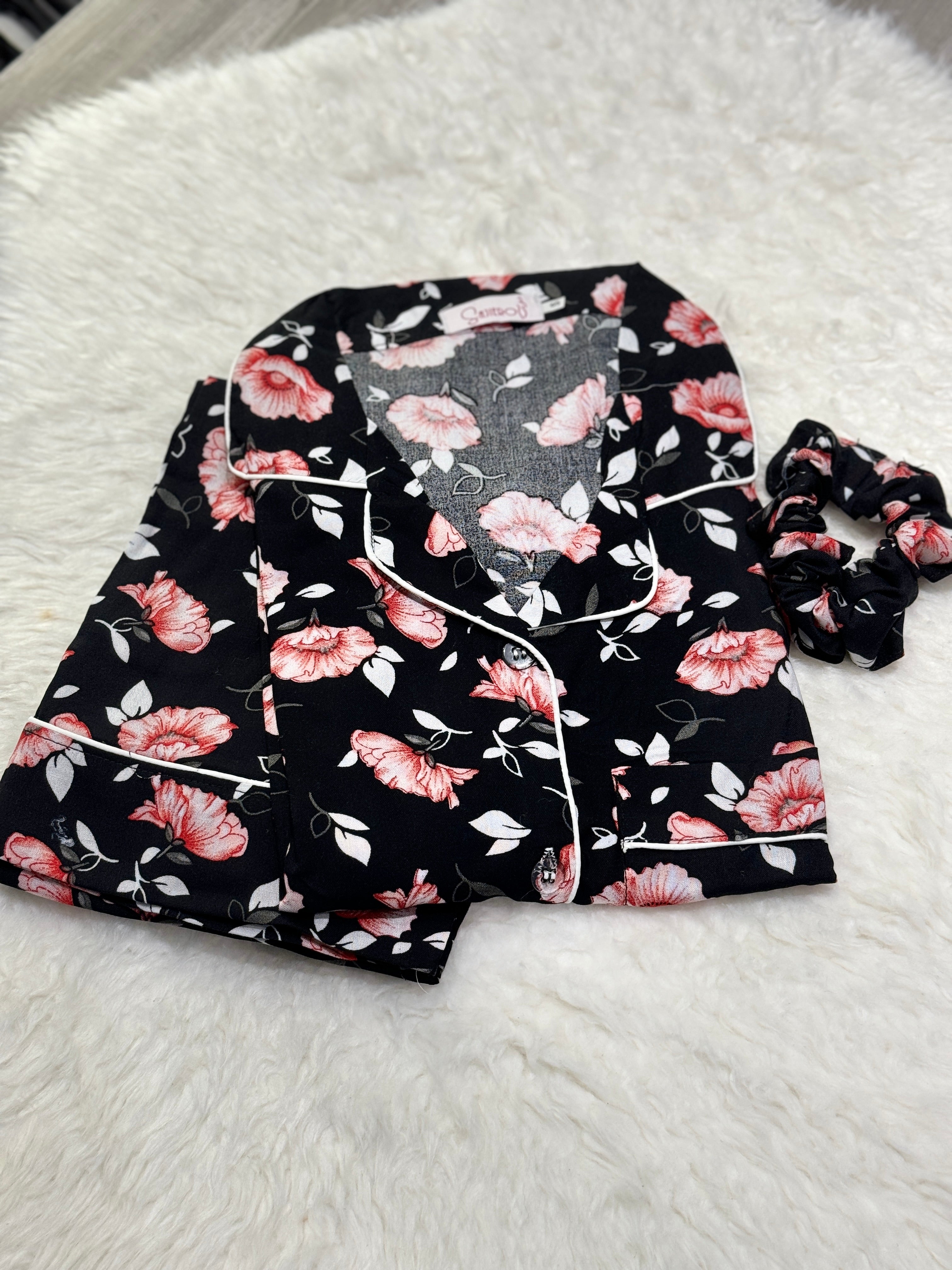 Galaxy Boski Linen Printed Pajama Suit Black Rose