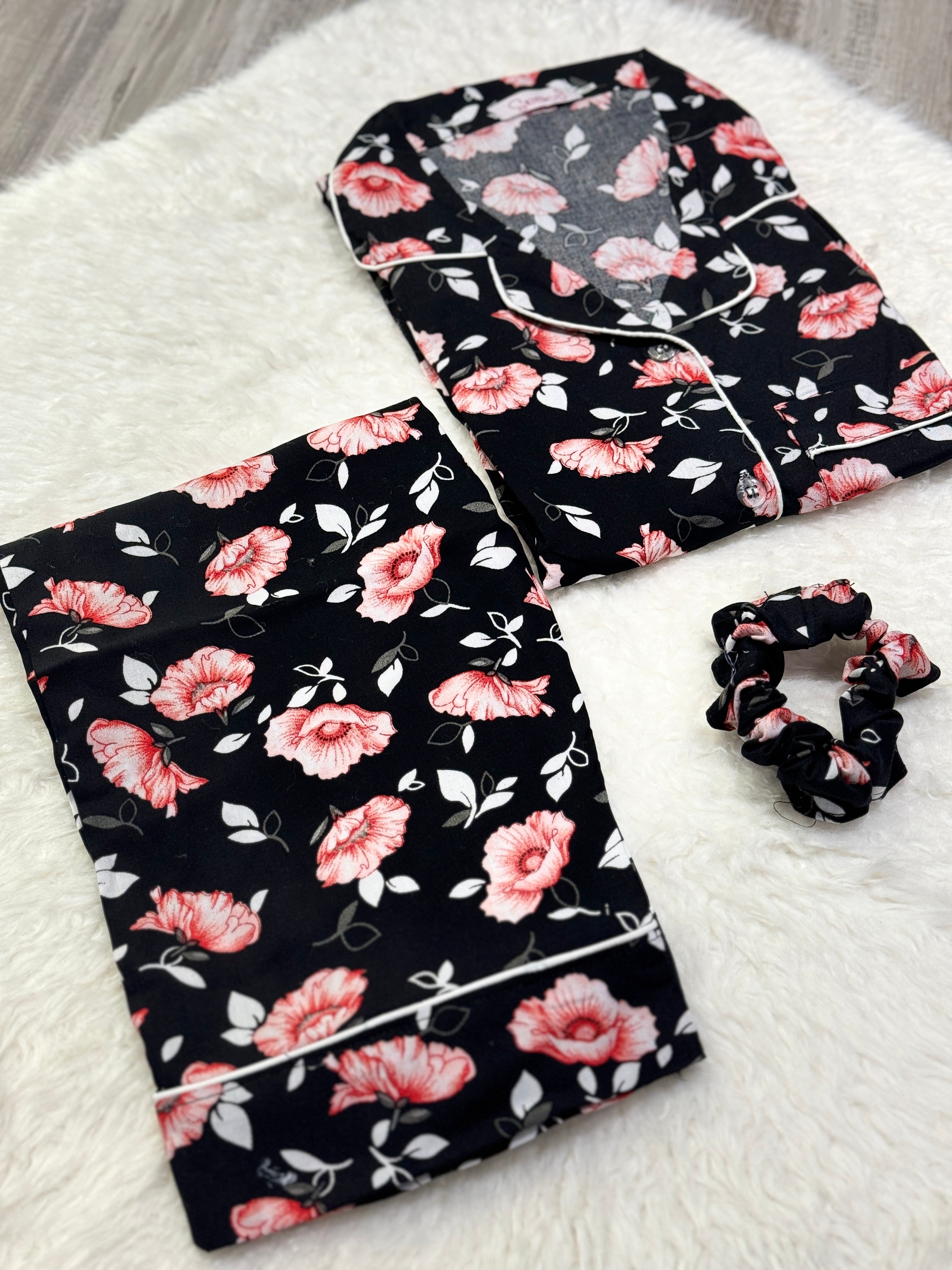 Galaxy Boski Linen Printed Pajama Suit Black Rose