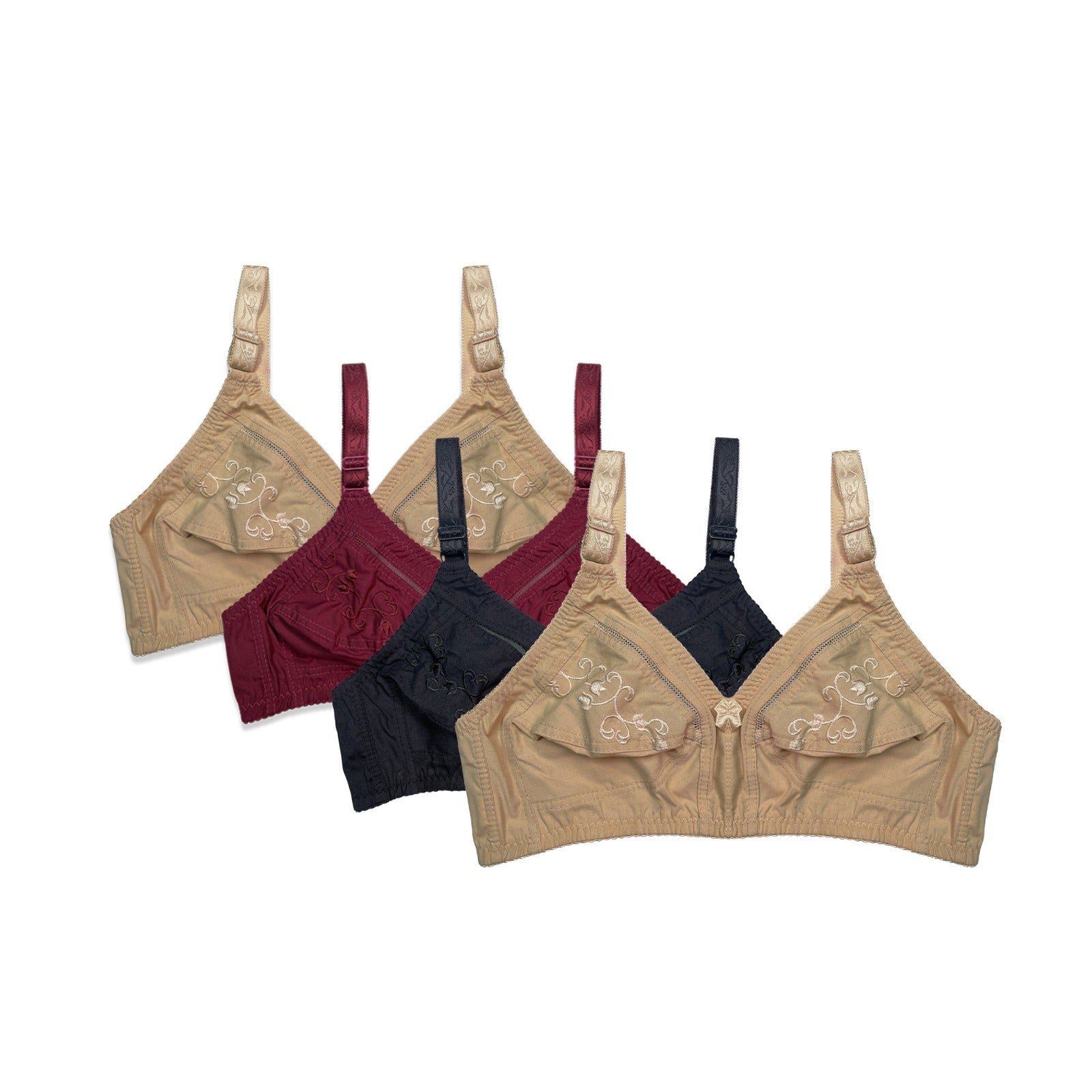 Set of four bras in beige, red, black, and navy on a white background