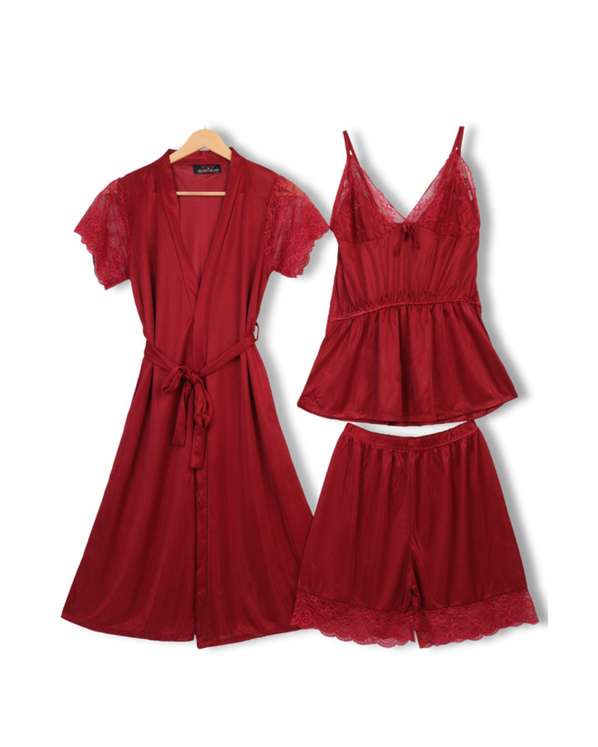 Red lace lingerie set with a robe on a white background