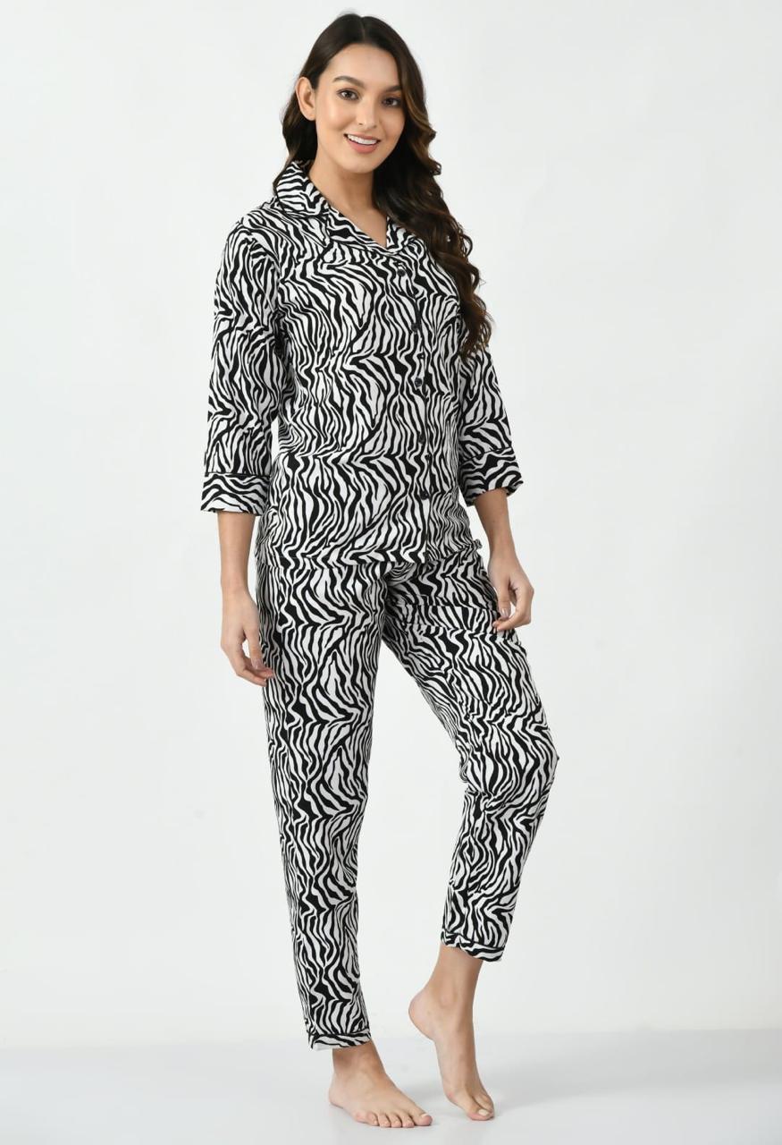 Sajiero Galaxy Printed Pajama Suit Pattern Black zebra printed nightwear      soft quality silk nightwear for women comfy feel for ladies price in pakistan