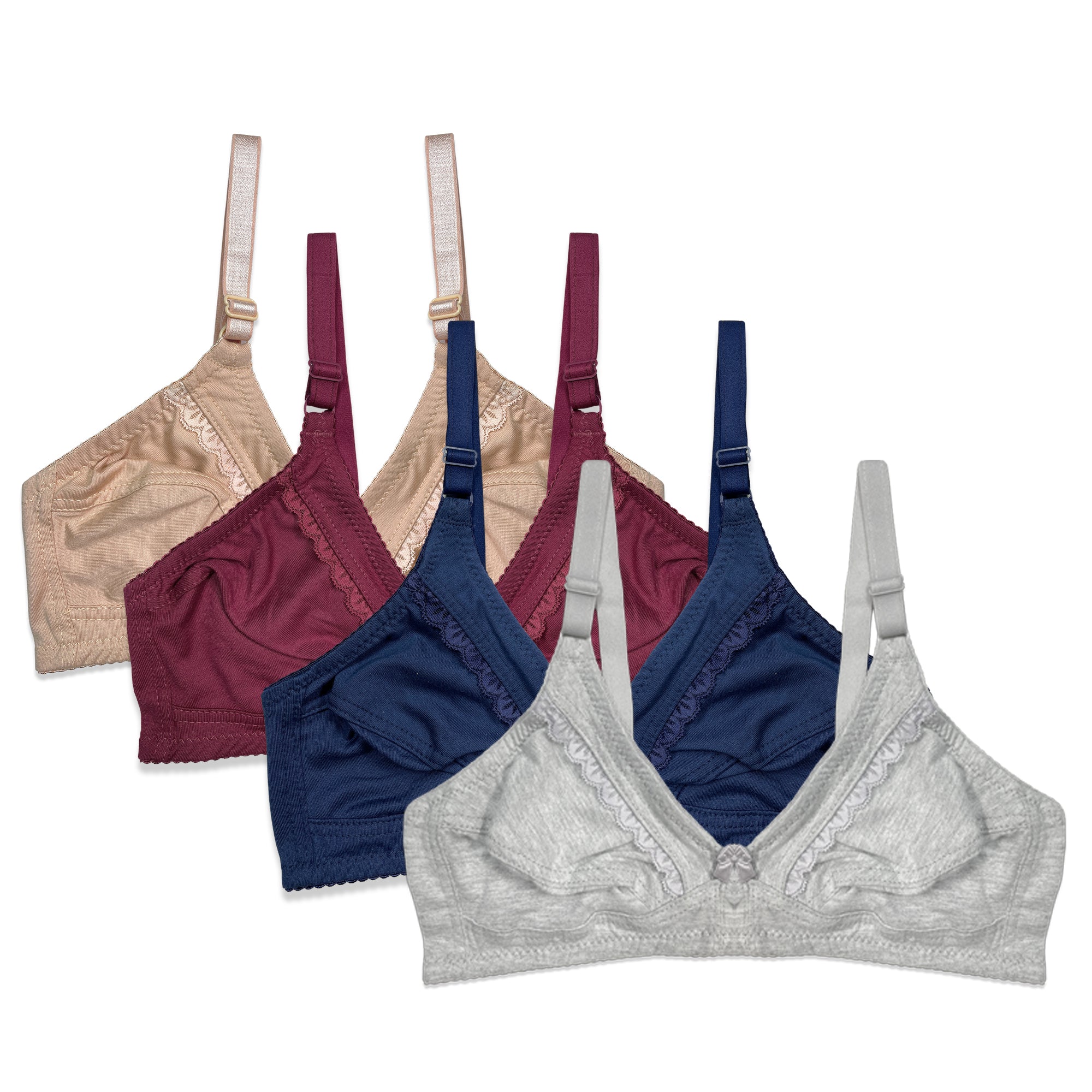 A pack of four bras in different colors, each featuring soft lace detailing and a central bow accent. The bras are displayed in a row with colors ranging from beige to navy and gray.