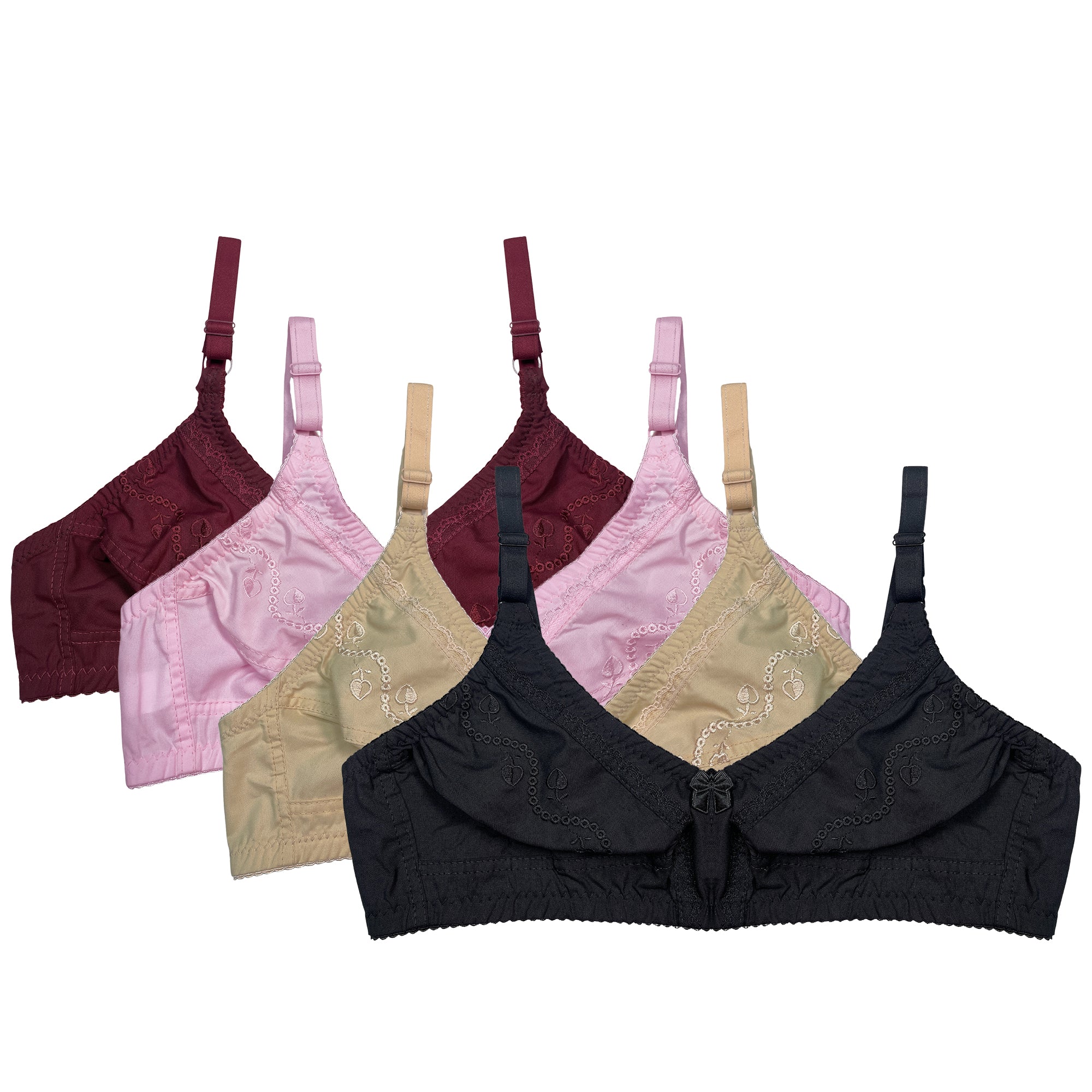 Set of four bras in different colors on a white background