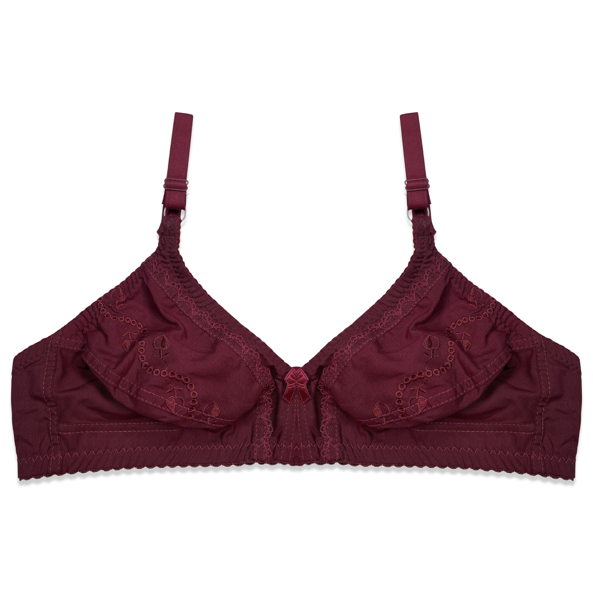 Maroon bra with lace details on a white background