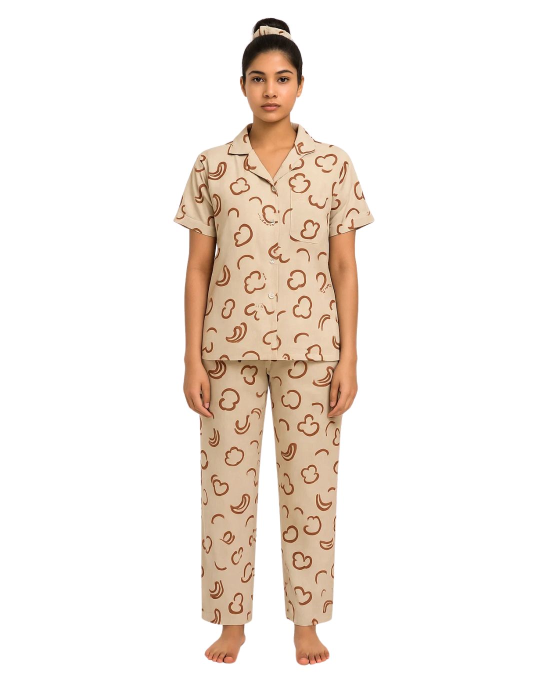 Sajiero Linen Pajama Suit with Scrunchie - Soft Look