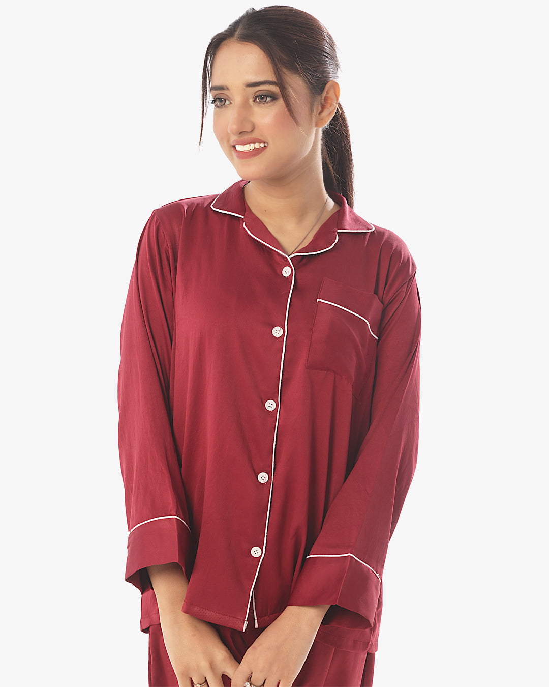 Sajiero Silk Pajama Suit with Scrunchie - Pearl