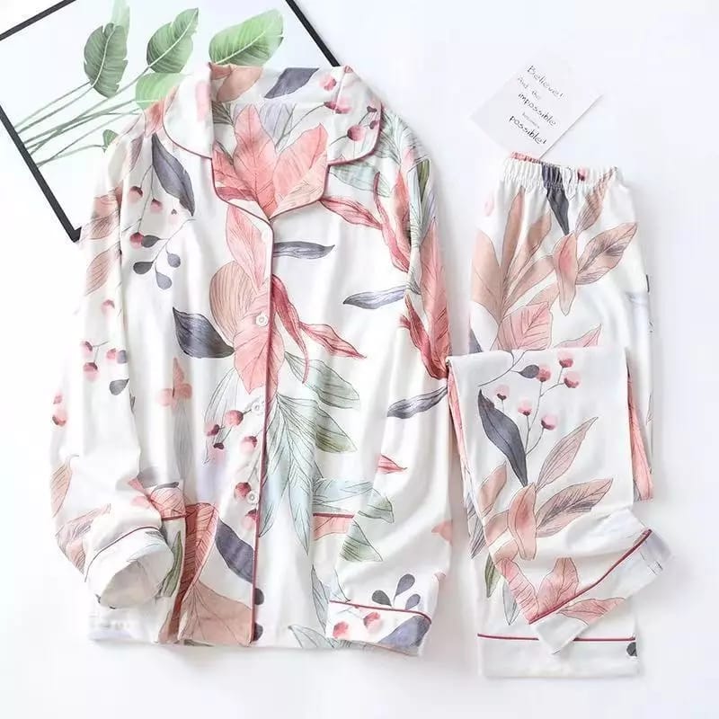 Galaxy Floral Printed Pajama Suit Ash White