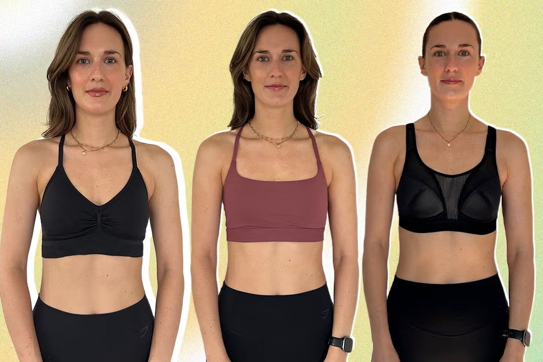 Women modeling different styles of sports bra Pakistan, including low, medium, and high-impact designs in black and mauve colors.