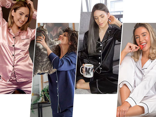 Women wearing stylish silk nightdresses for women in various colors including pink, navy blue, black, and white—showcasing comfortable and elegant satin sleepwear in casual, cozy home settings.