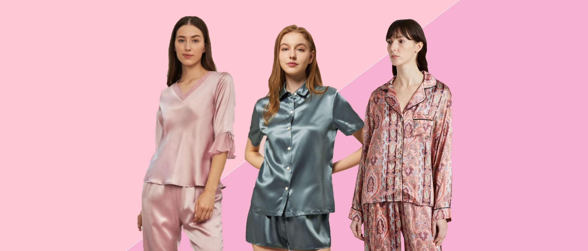 Women Nightwear - Stylish silk pajama sets for women in Pakistan featuring trendy designs in pink, blue, and patterned prints on a pink background.