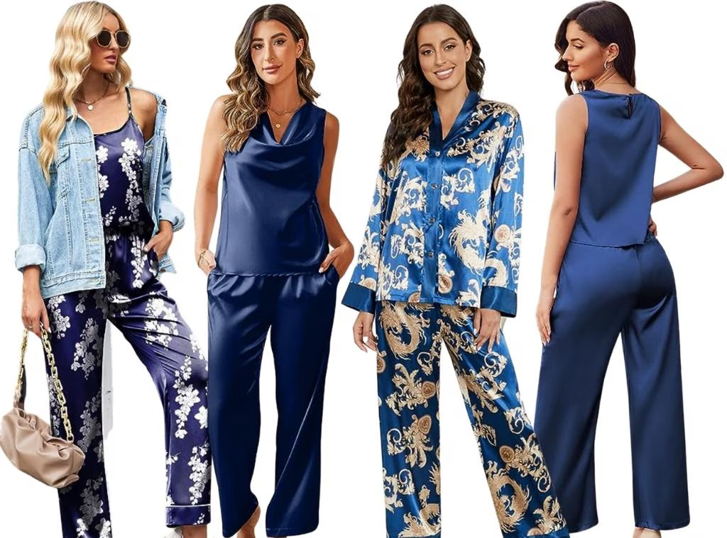 Stylish women pajama sets in satin and silk fabrics from Sajiero, featuring floral prints and elegant solid colors perfect for every season.