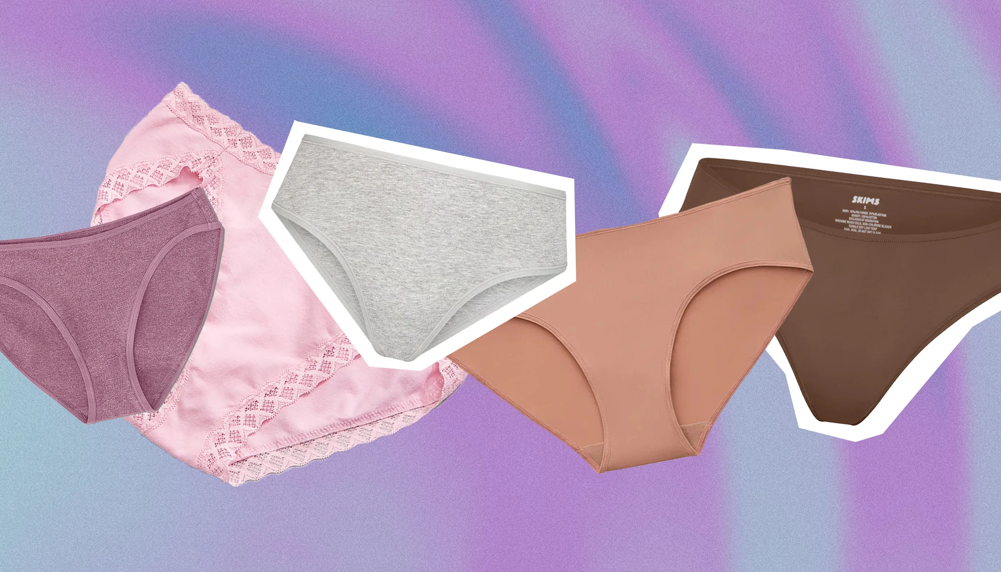 A variety of cotton panties in different colors and styles, including lace-trimmed, solid, and seamless designs, displayed against a pastel gradient background – highlighting breathable underwear options for women. Main keyword: cotton panties.