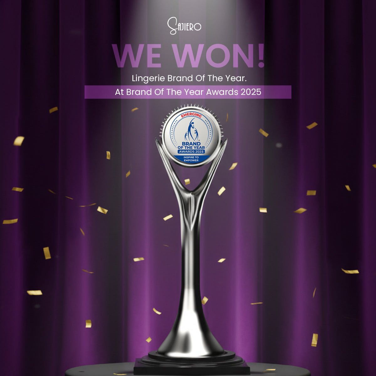 Silver Brand of the Year Awards 2025 Emerging Category trophy displayed against a purple curtain background with golden confetti, highlighting Sajiero’s win as Lingerie Brand of the Year.