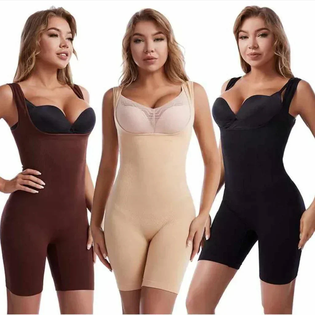 Women wearing full body shapers for women in brown, beige, and black colors, designed for slimming and body contouring.
