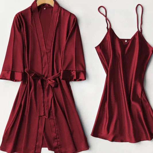 Elegant maroon satin nighty set featuring a sleeveless slip dress and matching robe — perfect for sexy nighties in Pakistan. 