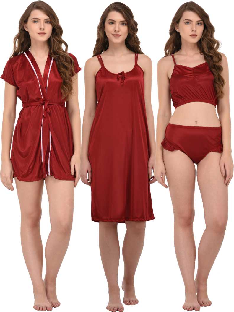 Three-piece satin nighty dress in Pakistan featuring a robe, slip dress, and cami set in deep red color.