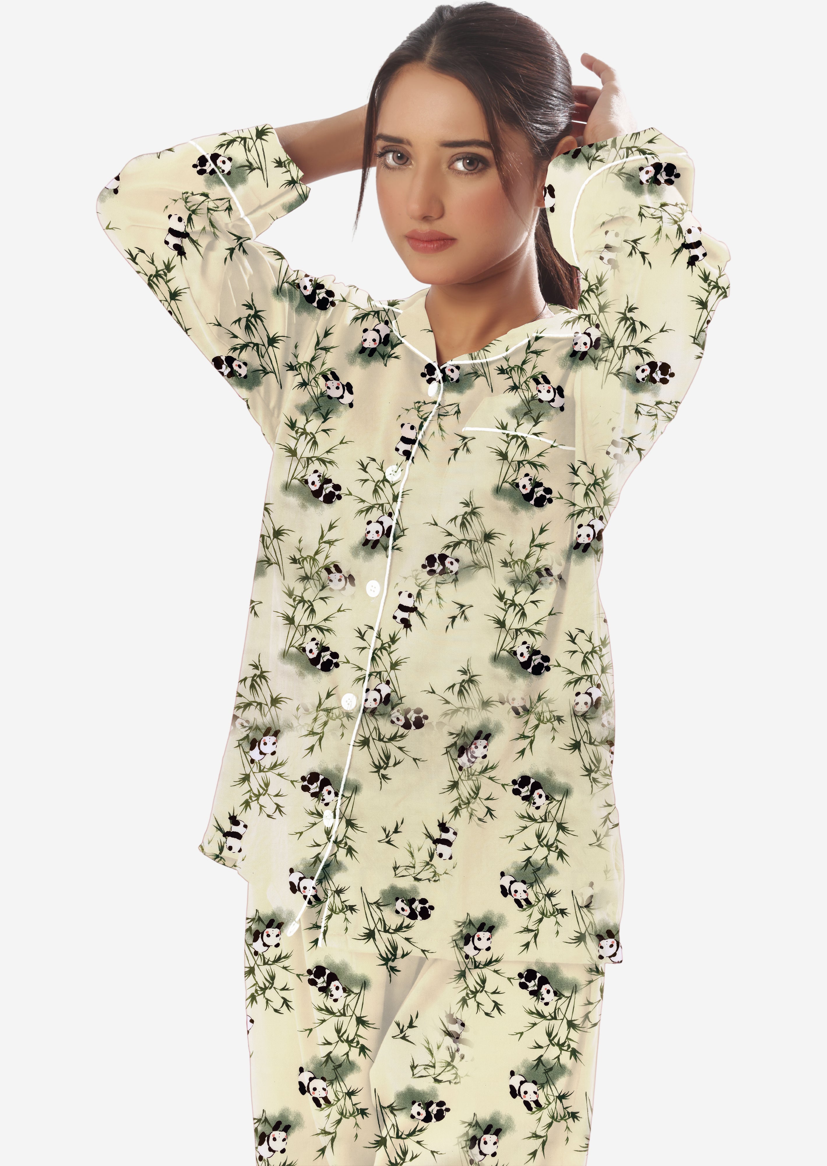 Linen Pajama Suit with Scrunchie - Cute Panda