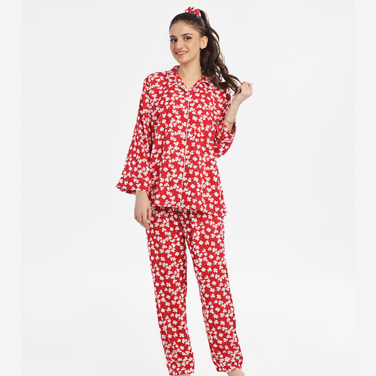 Sajiero Autumn Red Linen Pajama Suit with Scrunchie