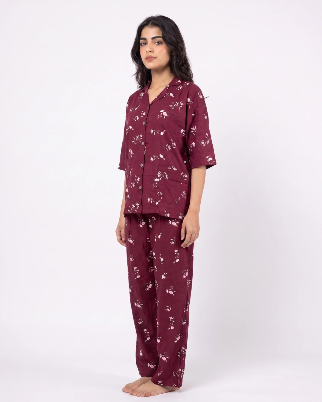 Linen Oversized PJ Set - Floral Breeze - Maroon