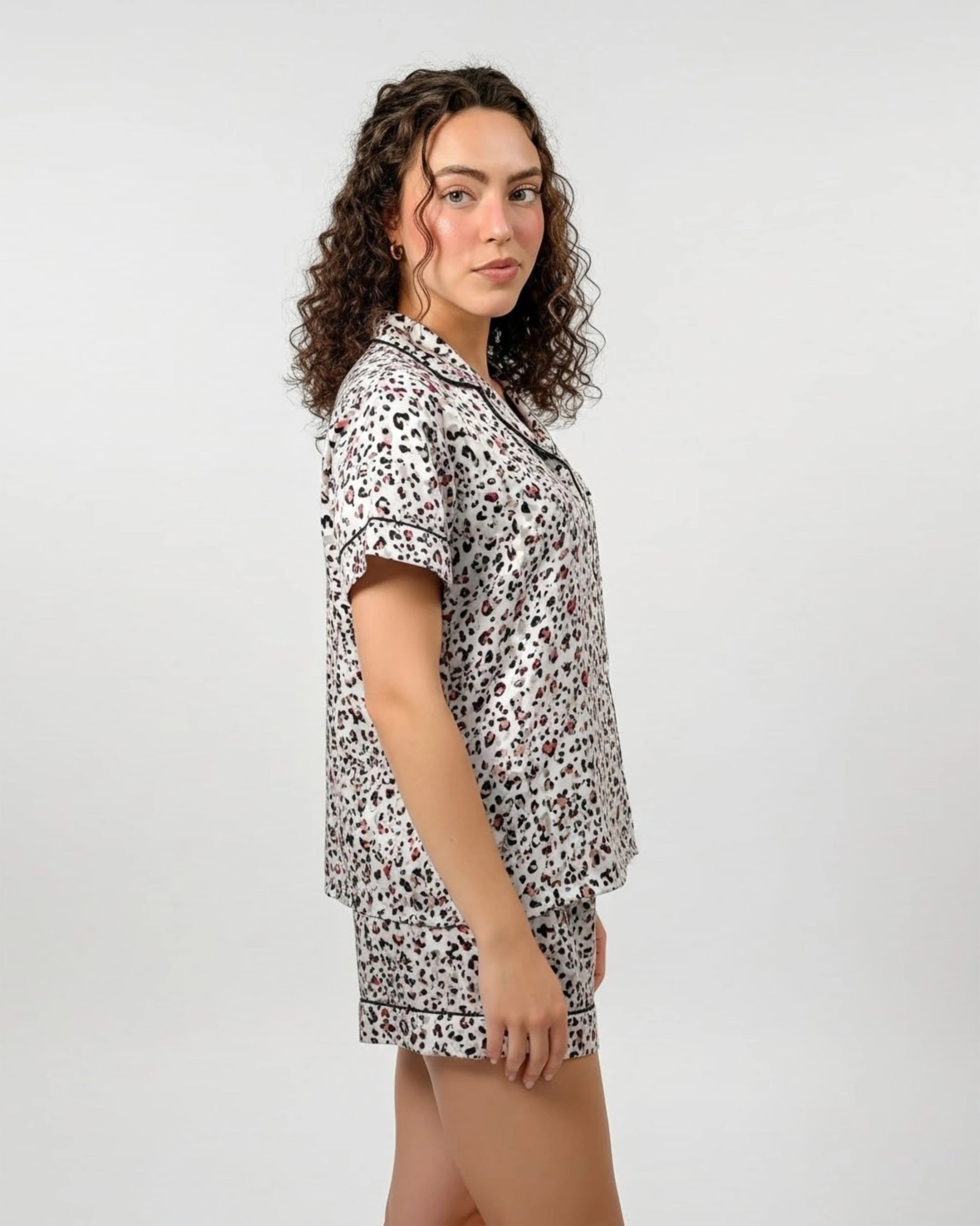 Silk PJ Set with Scrunchies - Snow Leopard