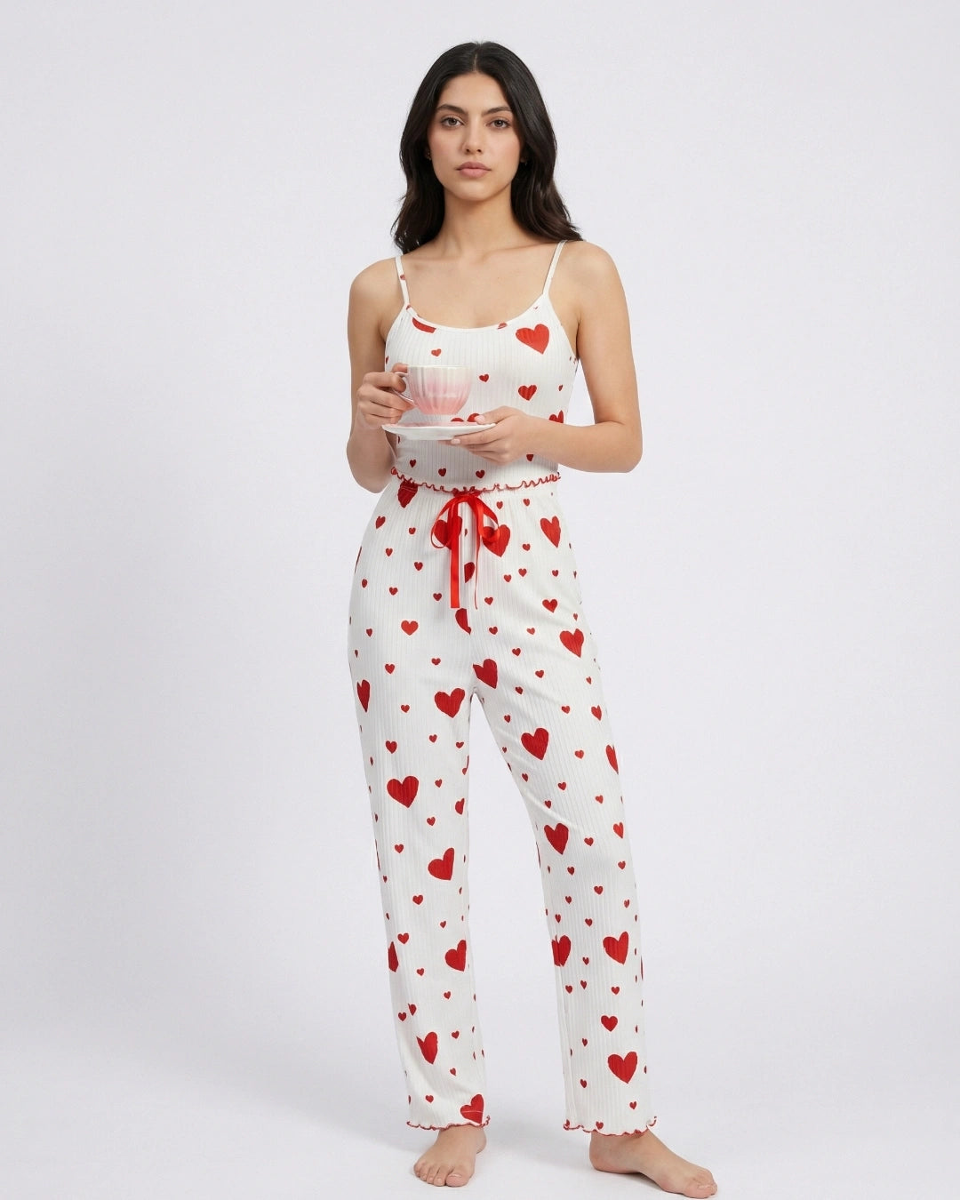 Cotton PJ Set - Heart Frill - Red
