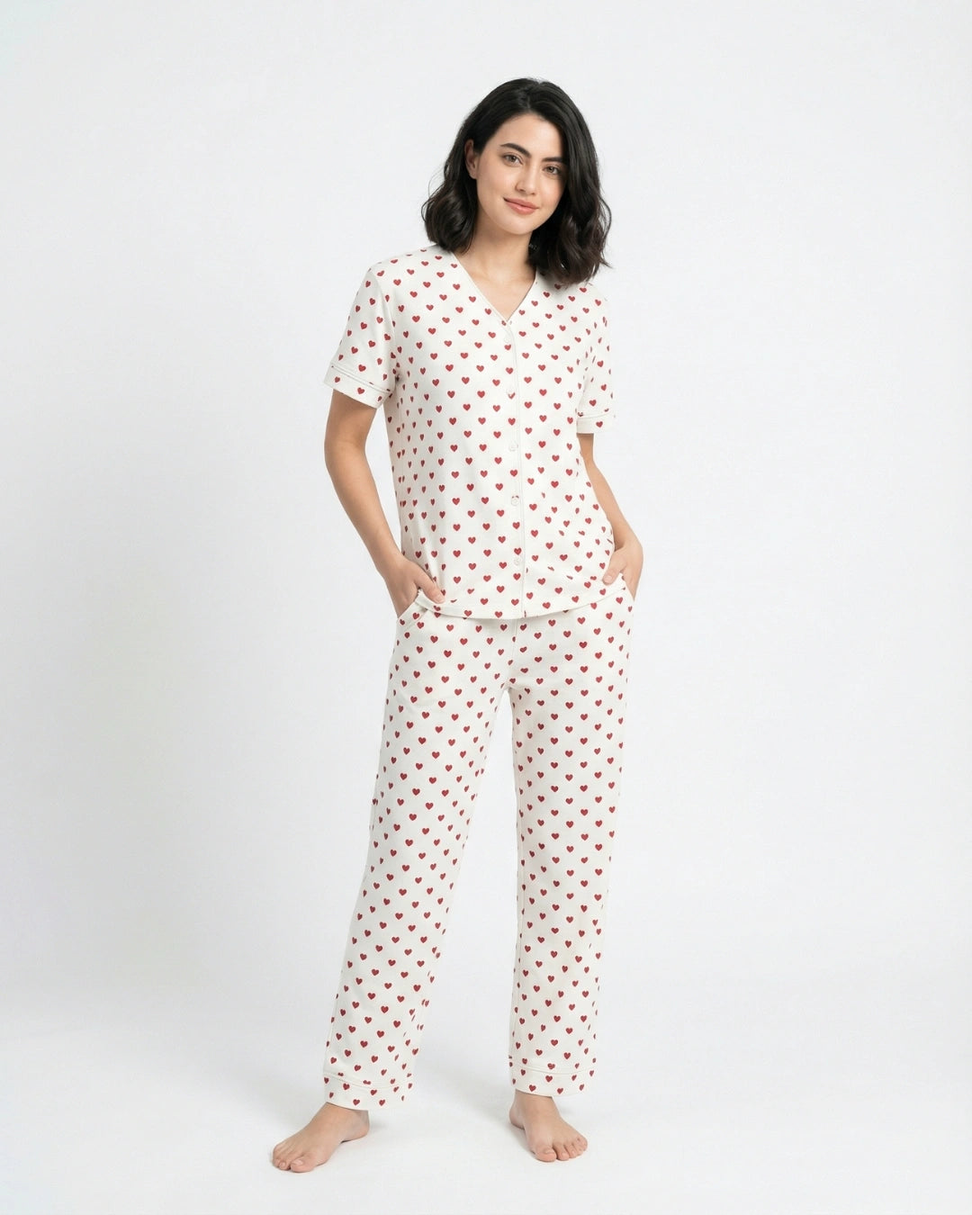 Cotton PJ Set - Heart Bliss - White