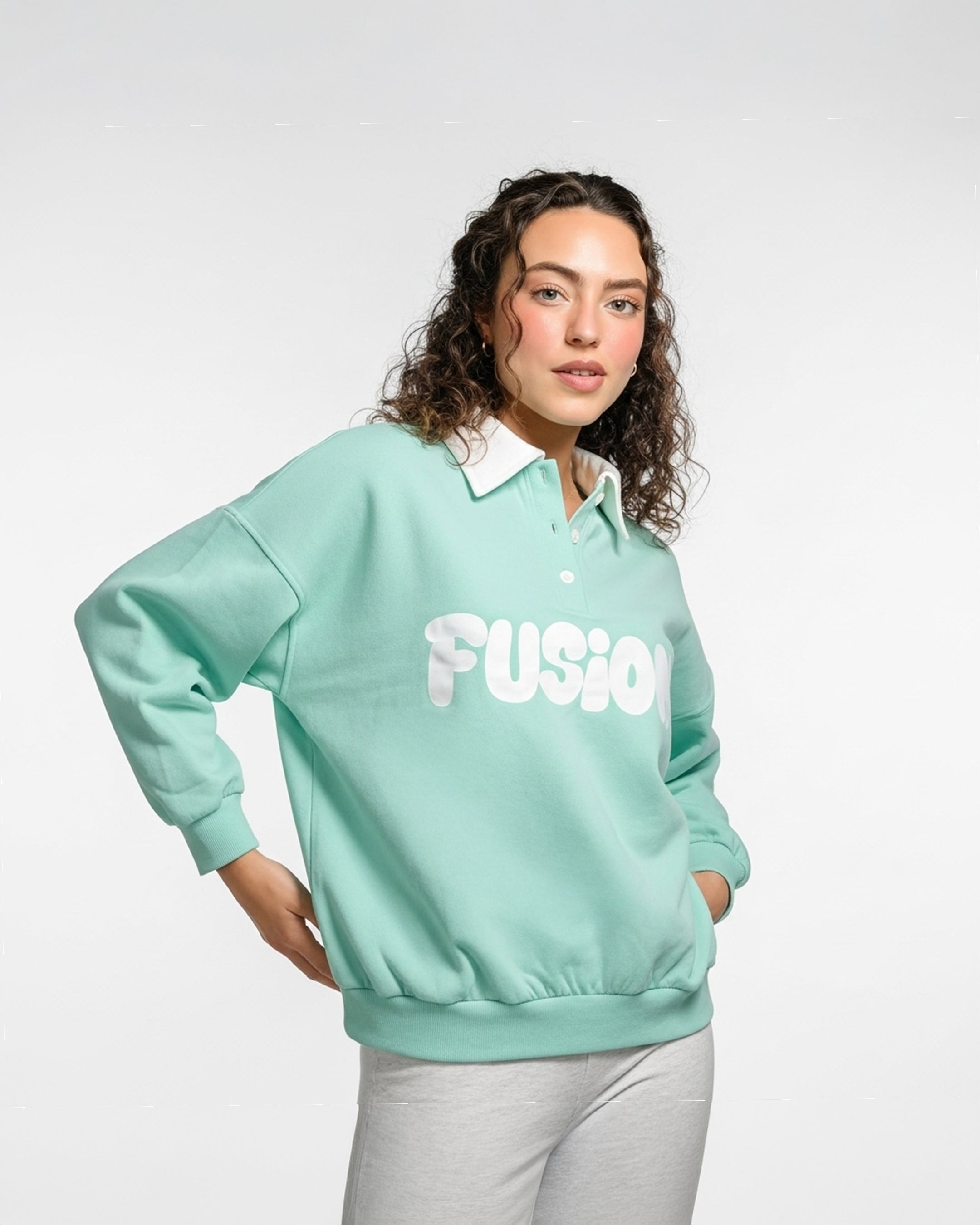 Fleece Polo Style Sweatshirt - FUSION - Aqua