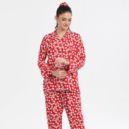 Sajiero Autumn Red Linen Pajama Suit with Scrunchie