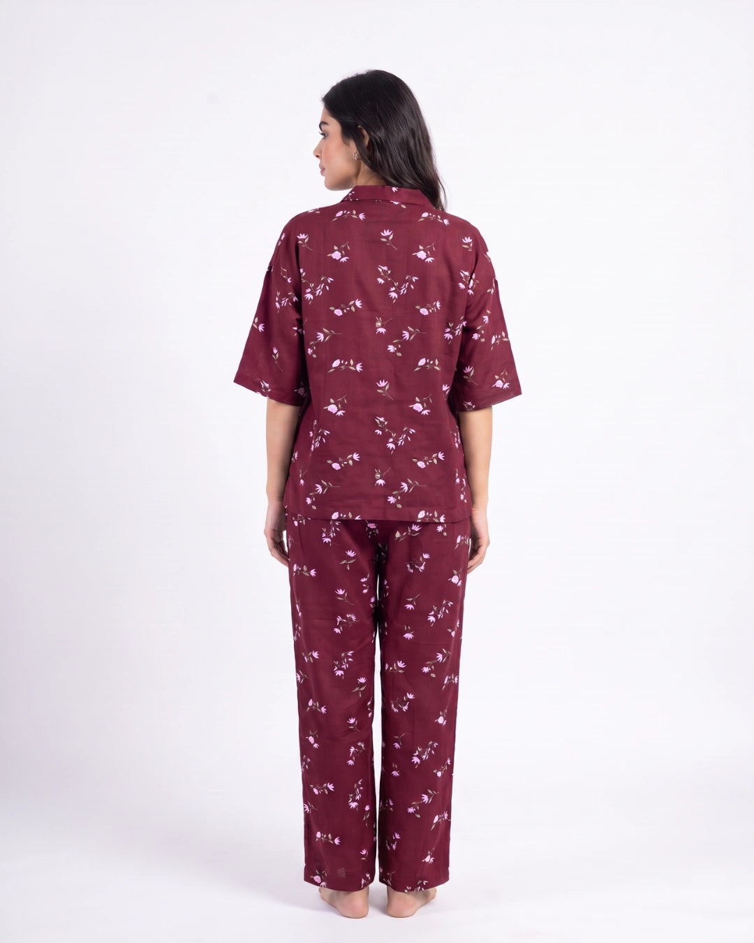 Linen Oversized PJ Set - Floral Breeze - Maroon