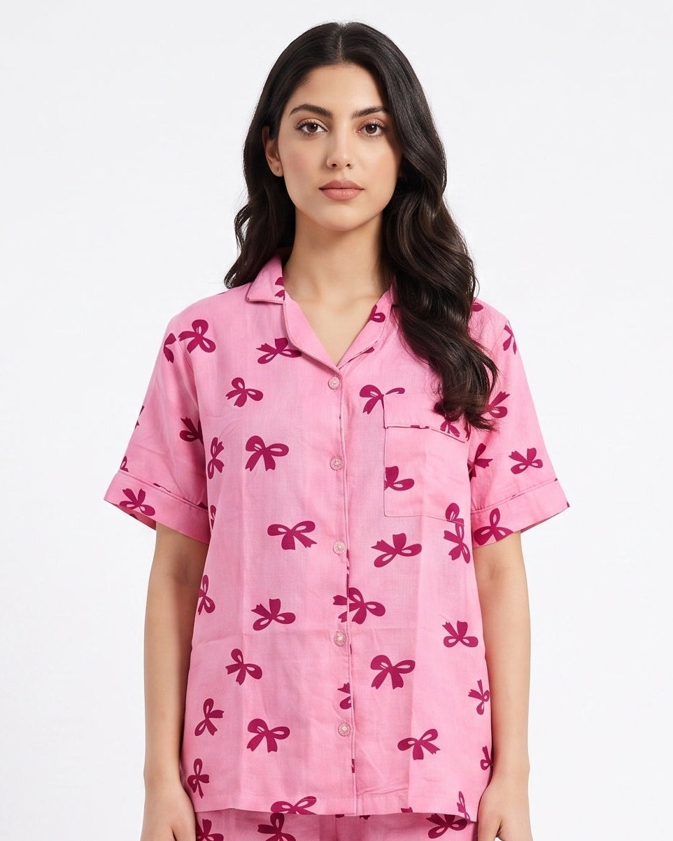 Linen Pajama Suit - Bow Blush